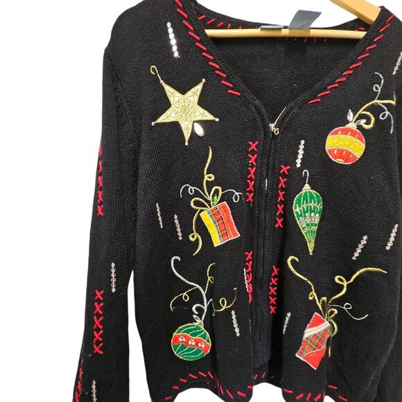 HOLIDAY EDITION Cardigan Full Zip‎ Christmas Sweater Black Ornaments LARGE - Picture 3 of 5